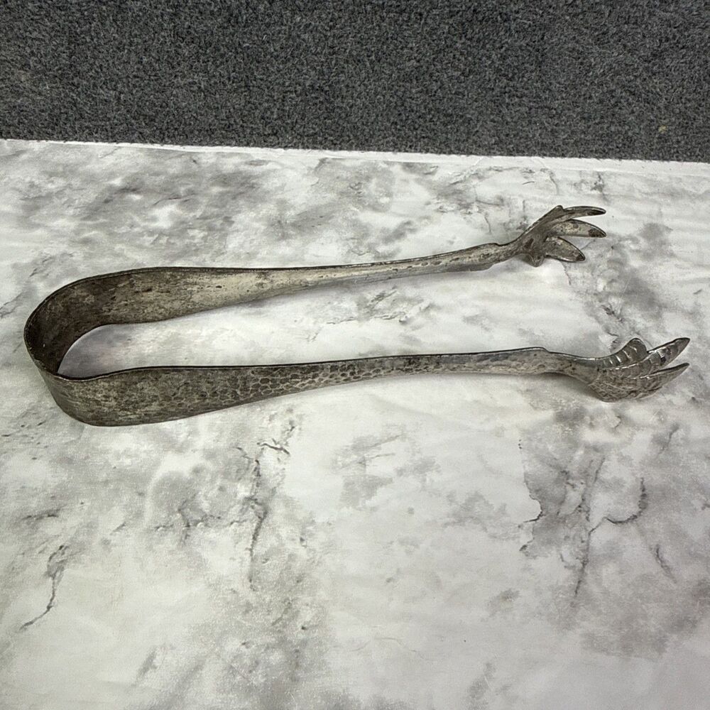 Vintage Silver Plated Tongs Hammered Claw Foot Serving Ice Sugar Cube